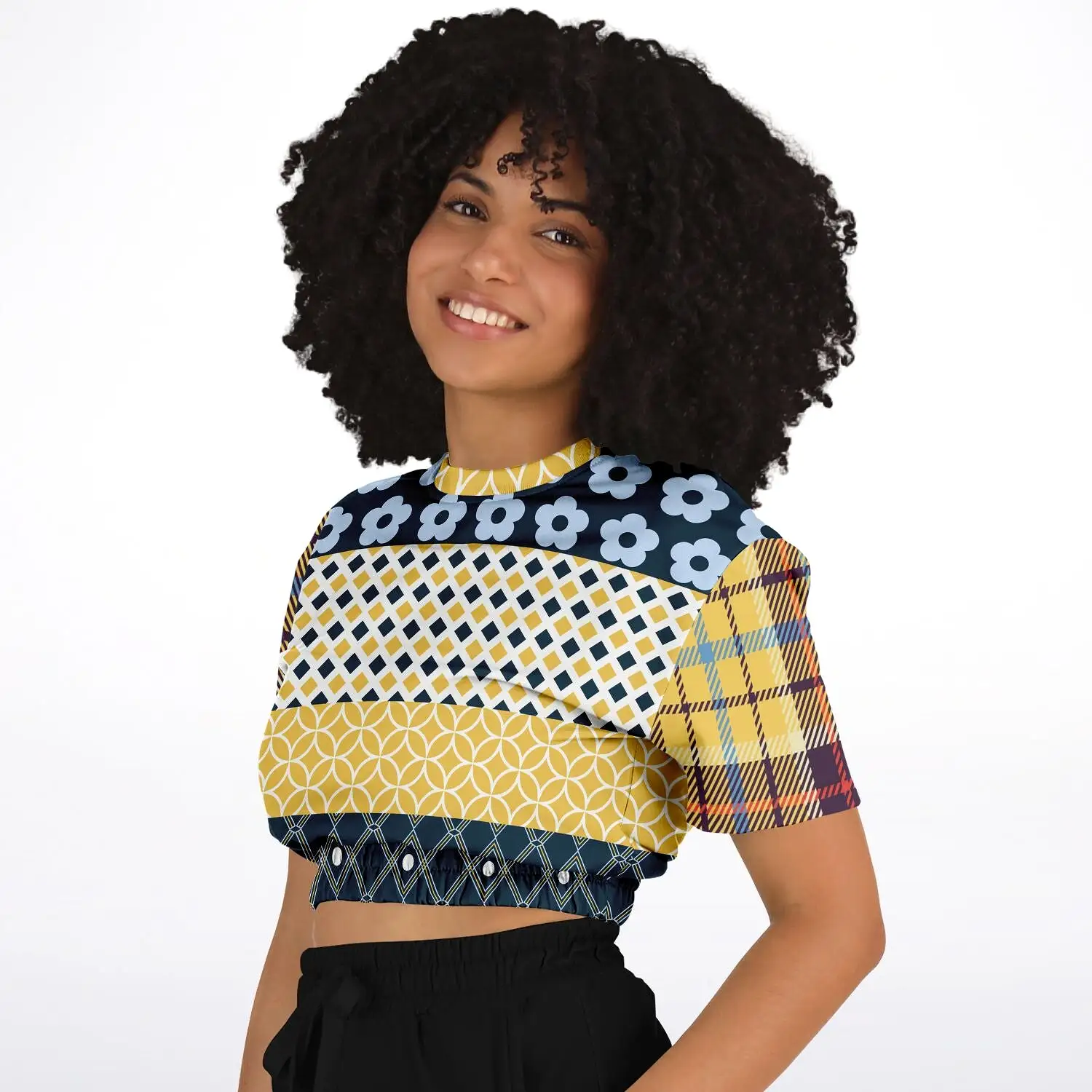 Royal Flush Blue Patchwork Short Sleeve Cropped Eco-Poly Sweater