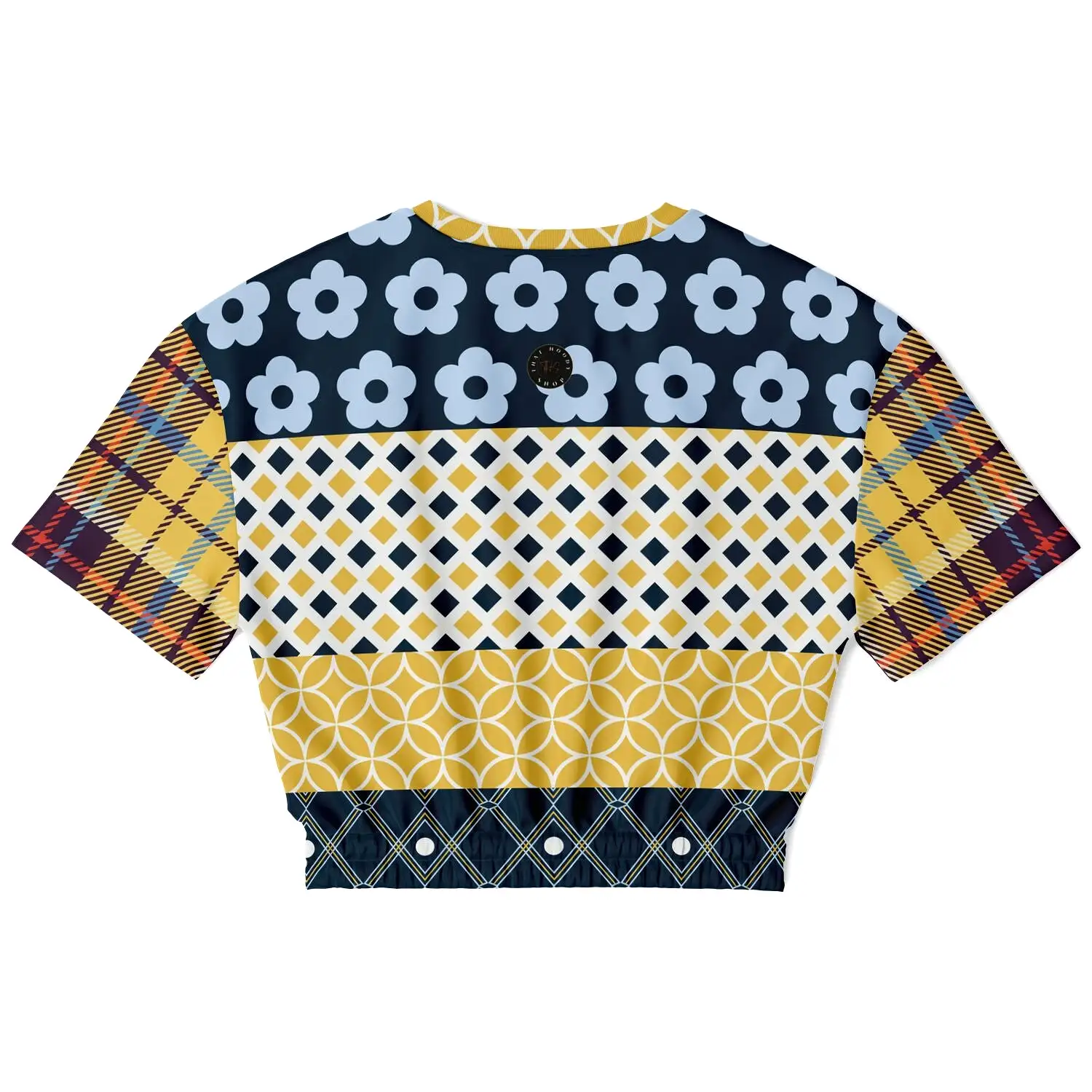 Royal Flush Blue Patchwork Short Sleeve Cropped Eco-Poly Sweater