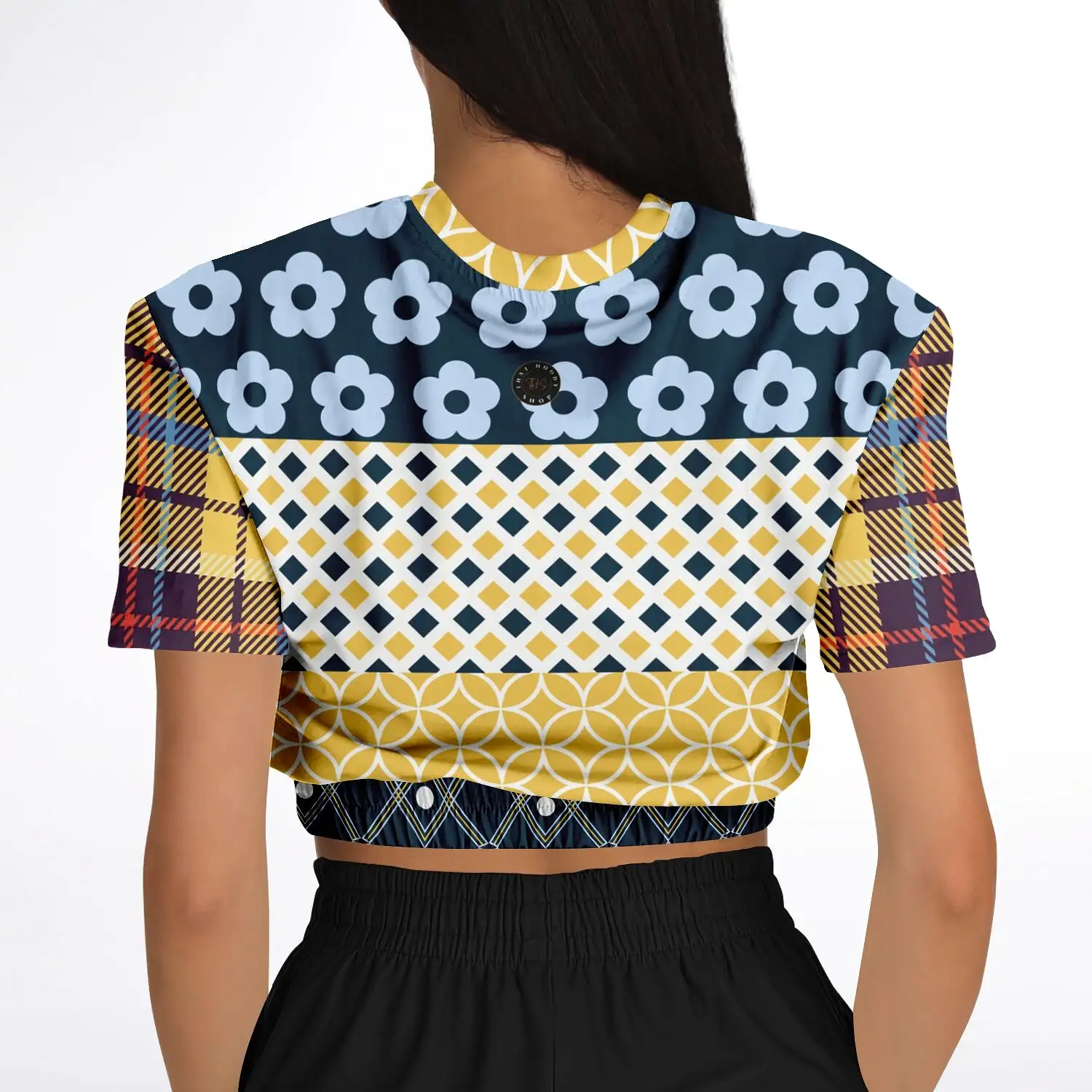 Royal Flush Blue Patchwork Short Sleeve Cropped Eco-Poly Sweater