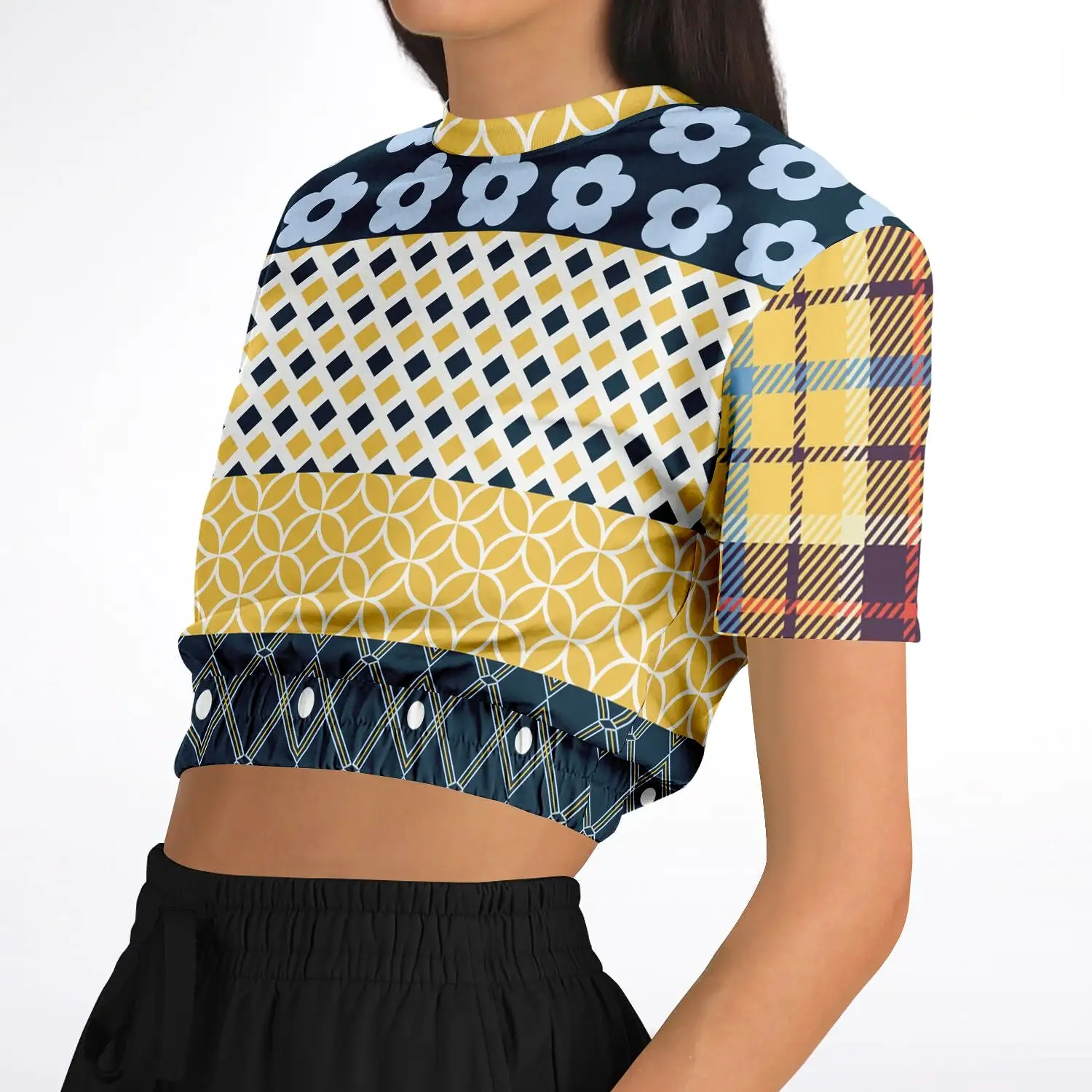 Royal Flush Blue Patchwork Short Sleeve Cropped Eco-Poly Sweater