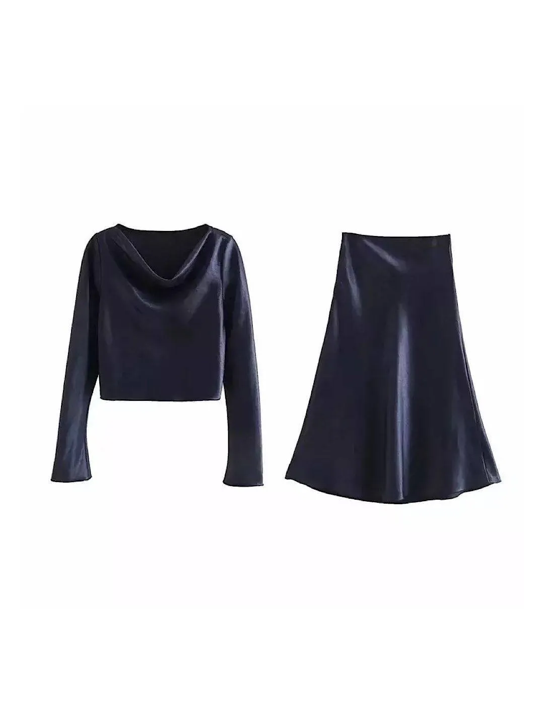 Satin Silky Long Sleeve Blouse Midi Skirt Set