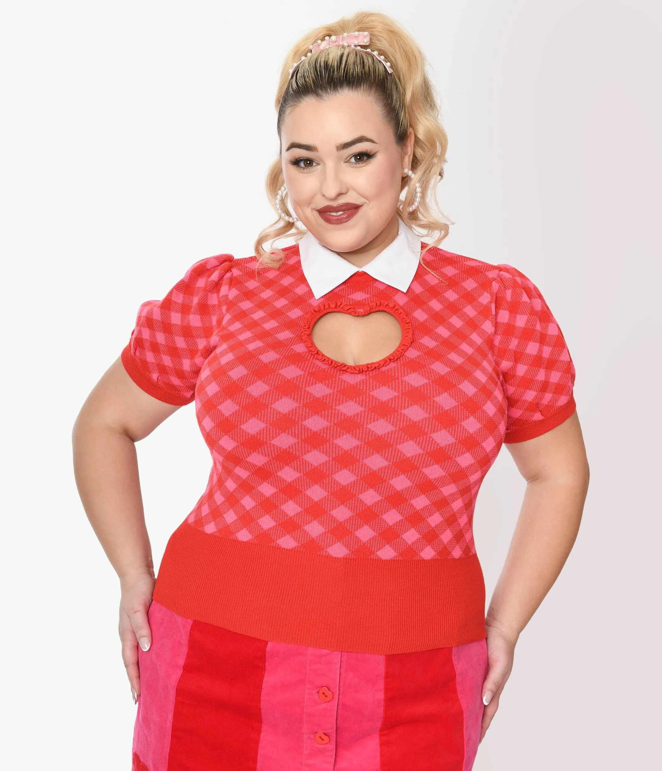 Smak Parlour Plus Size Red & Pink Bias Gingham Heart Sweater