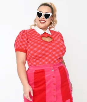 Smak Parlour Plus Size Red & Pink Bias Gingham Heart Sweater