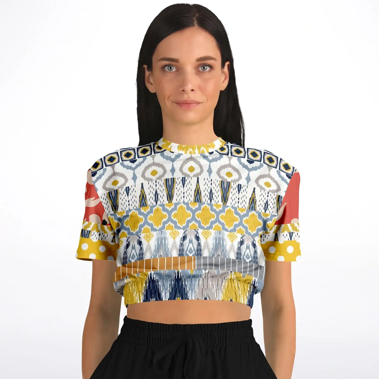 Tallulah Bankhead Elevate Patchwork Short Sleeve Cropped Eco-Poly Sweater