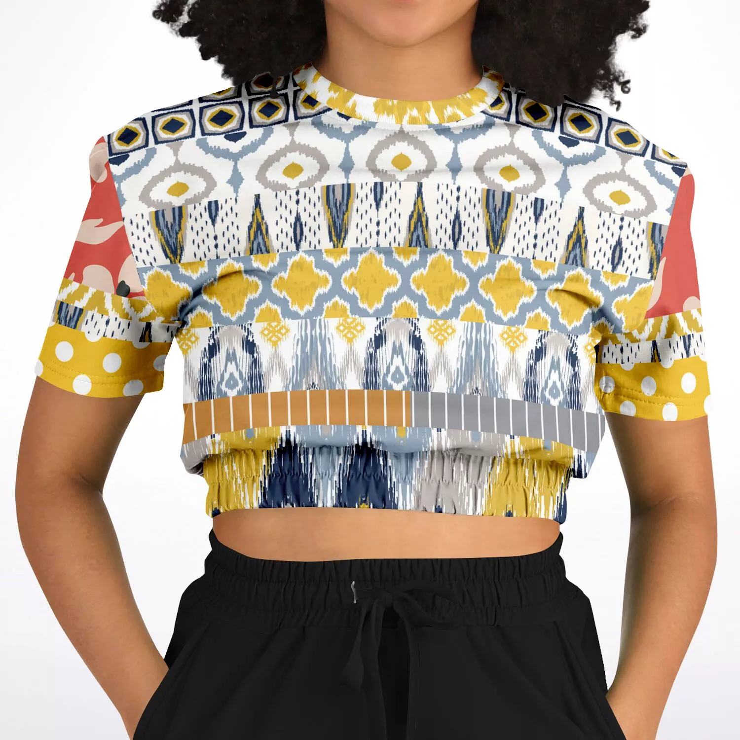 Tallulah Bankhead Elevate Patchwork Short Sleeve Cropped Eco-Poly Sweater