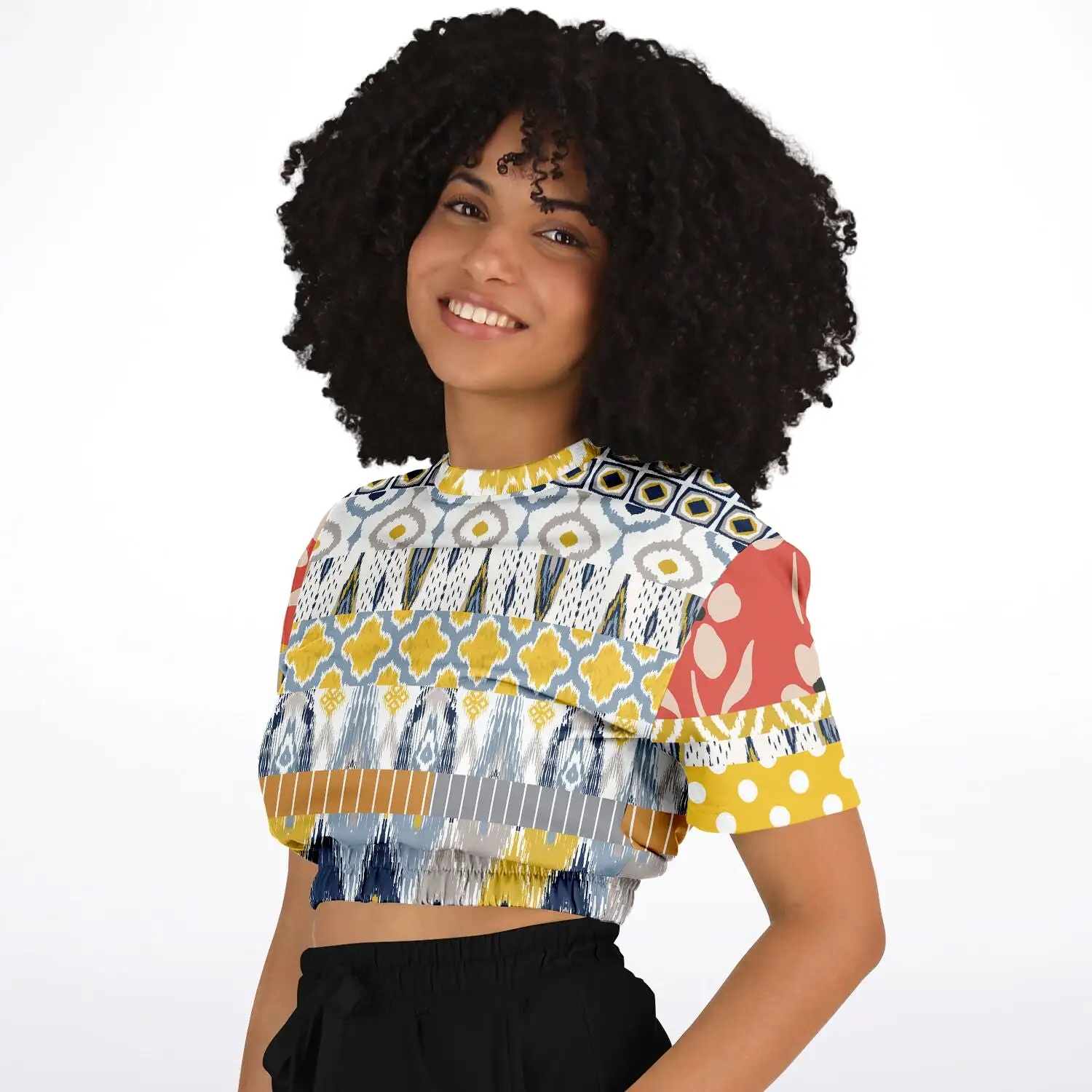 Tallulah Bankhead Elevate Patchwork Short Sleeve Cropped Eco-Poly Sweater