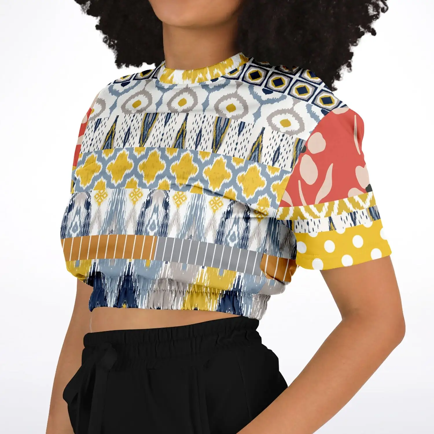 Tallulah Bankhead Elevate Patchwork Short Sleeve Cropped Eco-Poly Sweater