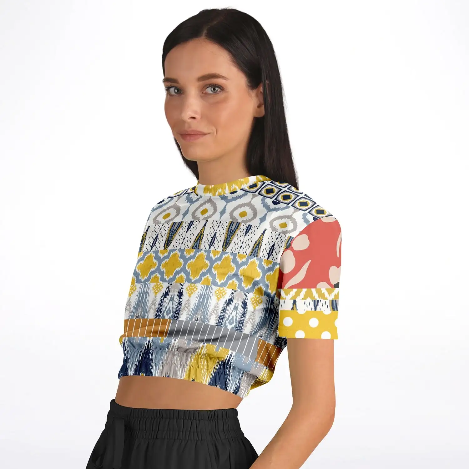 Tallulah Bankhead Elevate Patchwork Short Sleeve Cropped Eco-Poly Sweater