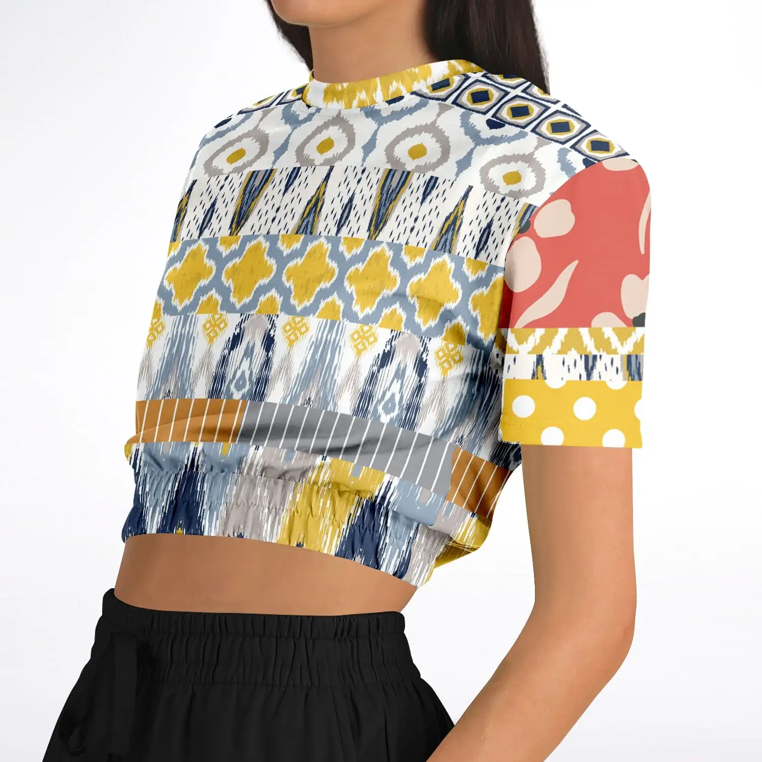 Tallulah Bankhead Elevate Patchwork Short Sleeve Cropped Eco-Poly Sweater