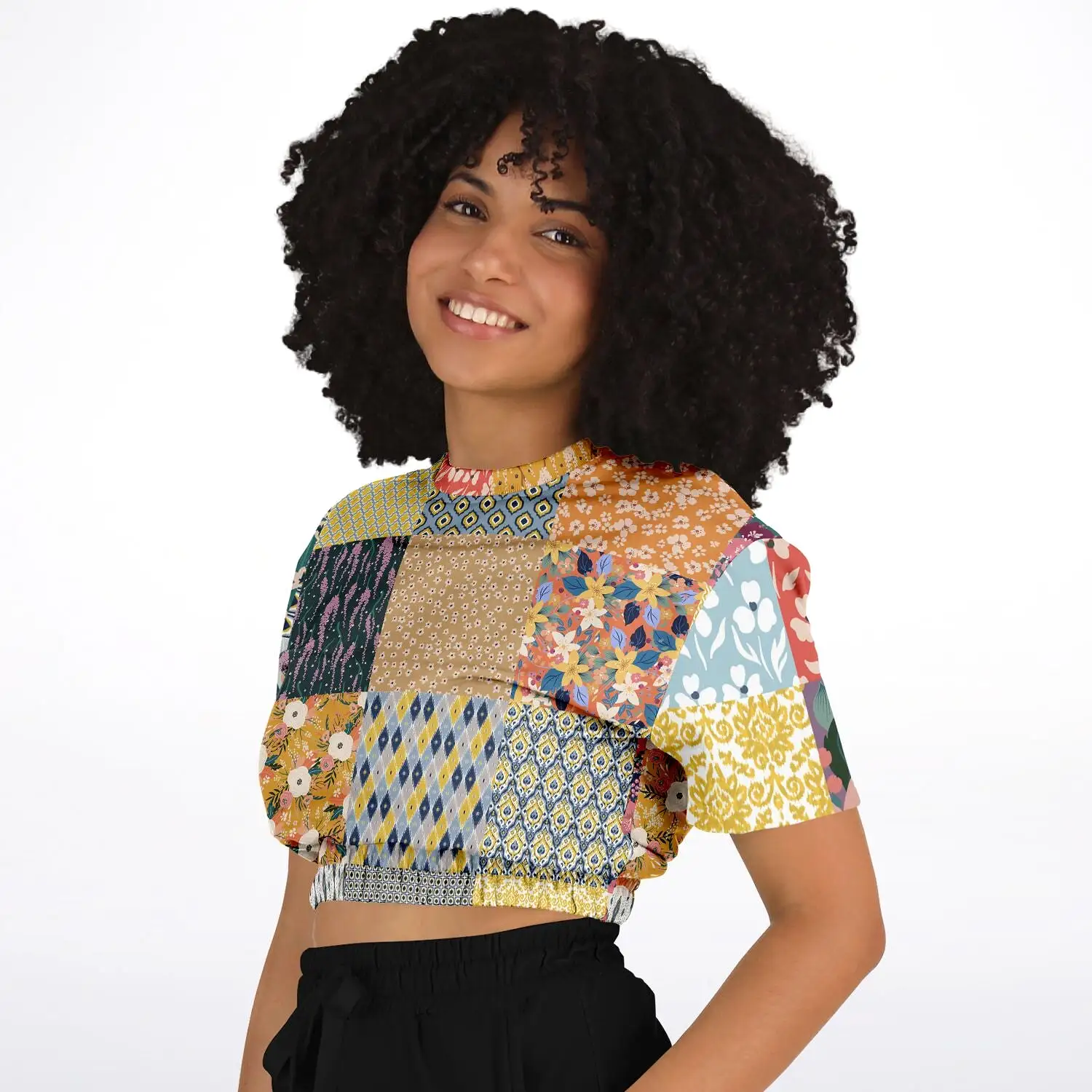 Tallulah Bankhead Patchwork Quilt Short Sleeve Cropped Eco-Poly Sweater