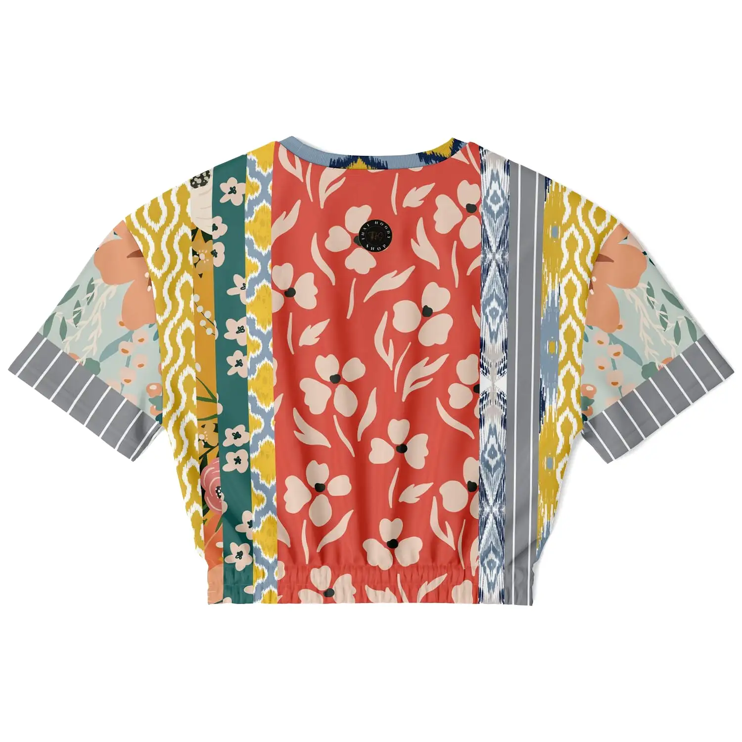 Tallulah Bankhead Yellow Patchwork Short Sleeve Cropped Eco-Poly Sweater