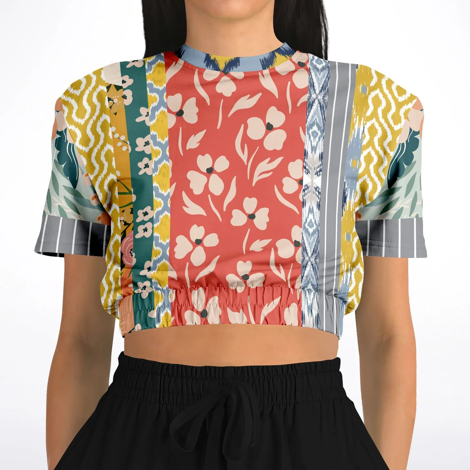 Tallulah Bankhead Yellow Patchwork Short Sleeve Cropped Eco-Poly Sweater