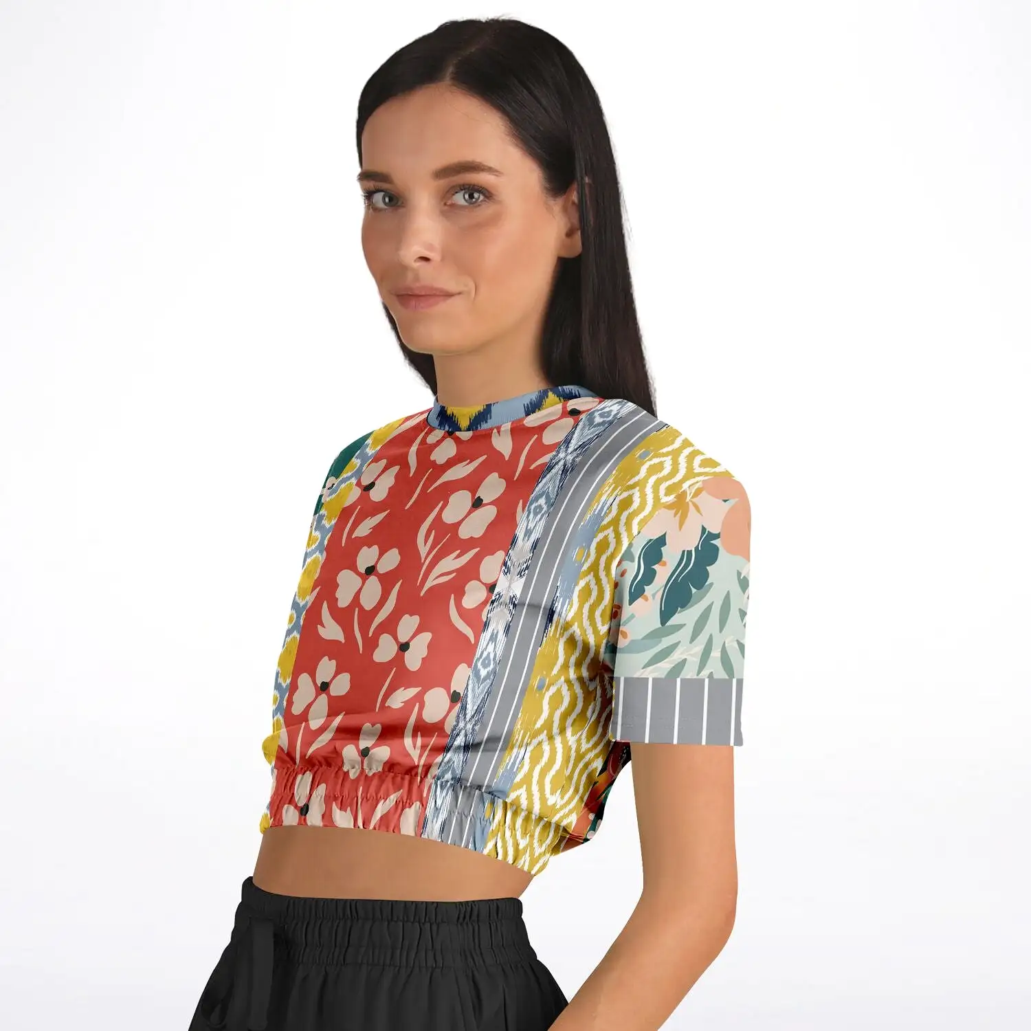 Tallulah Bankhead Yellow Patchwork Short Sleeve Cropped Eco-Poly Sweater