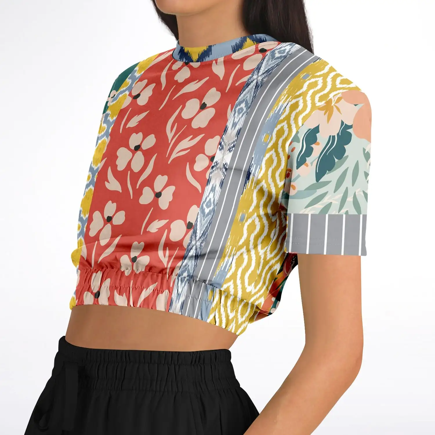 Tallulah Bankhead Yellow Patchwork Short Sleeve Cropped Eco-Poly Sweater