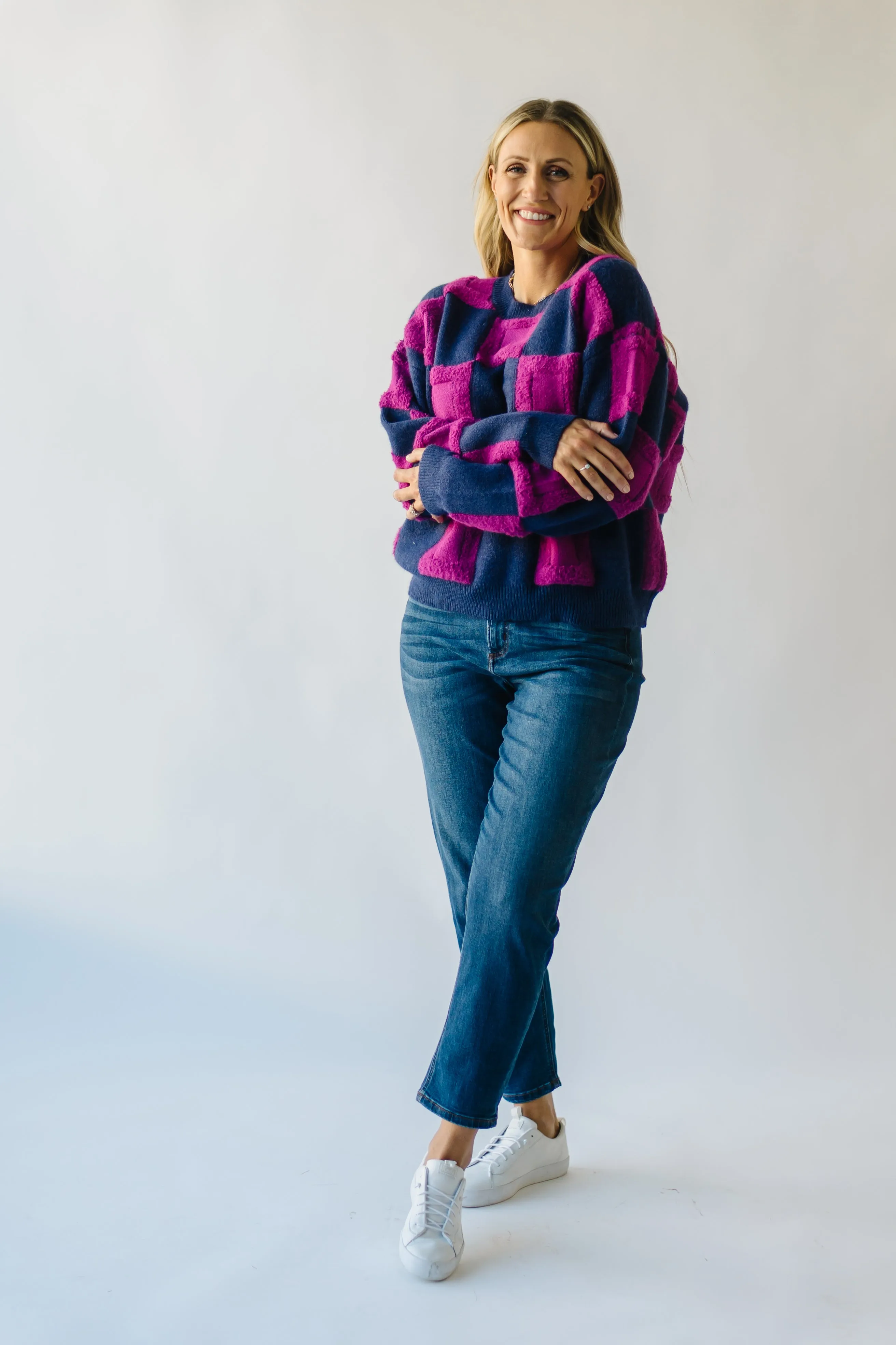 The Cortland Checkered Sweater in Navy + Purple