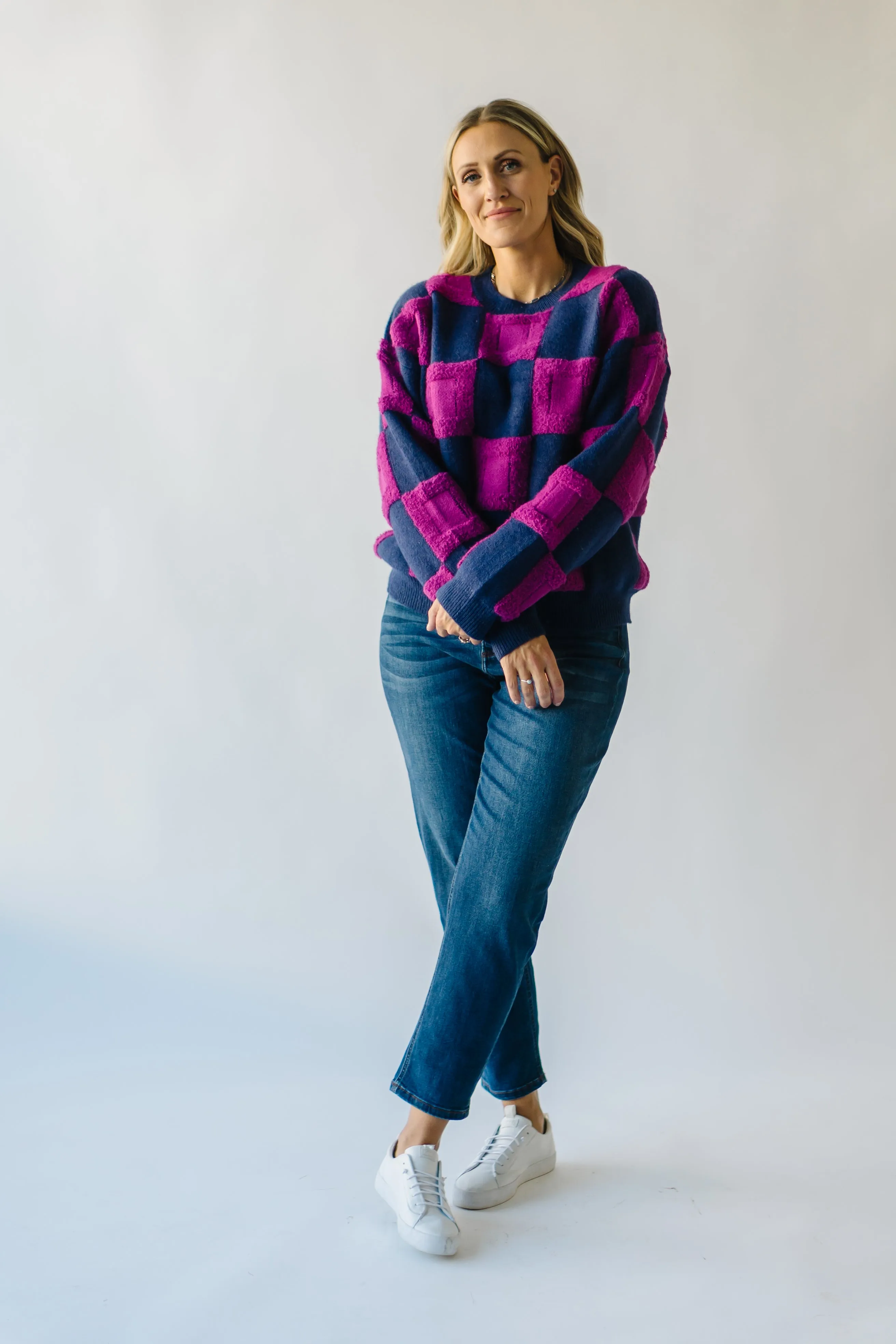 The Cortland Checkered Sweater in Navy + Purple