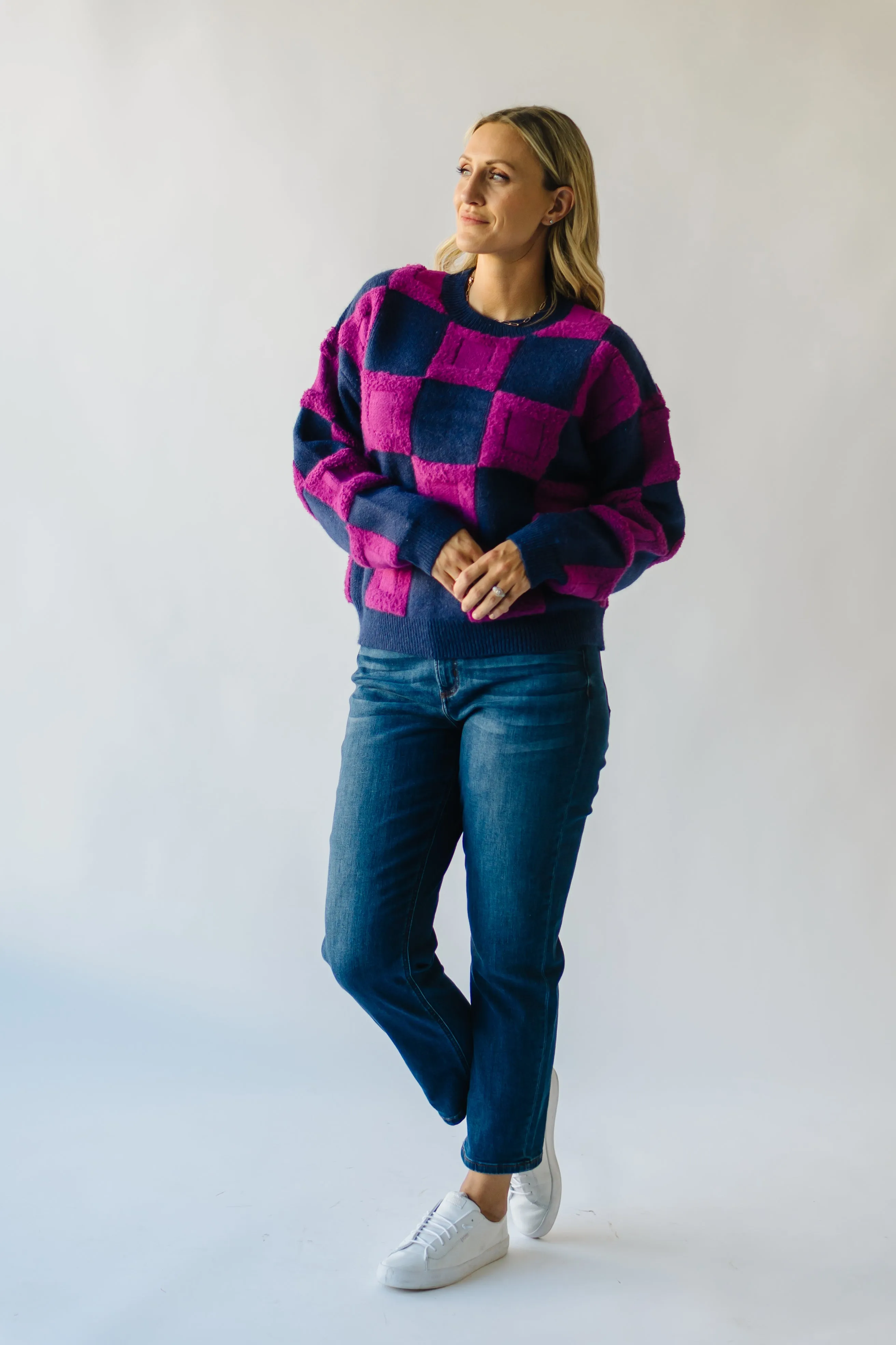 The Cortland Checkered Sweater in Navy + Purple