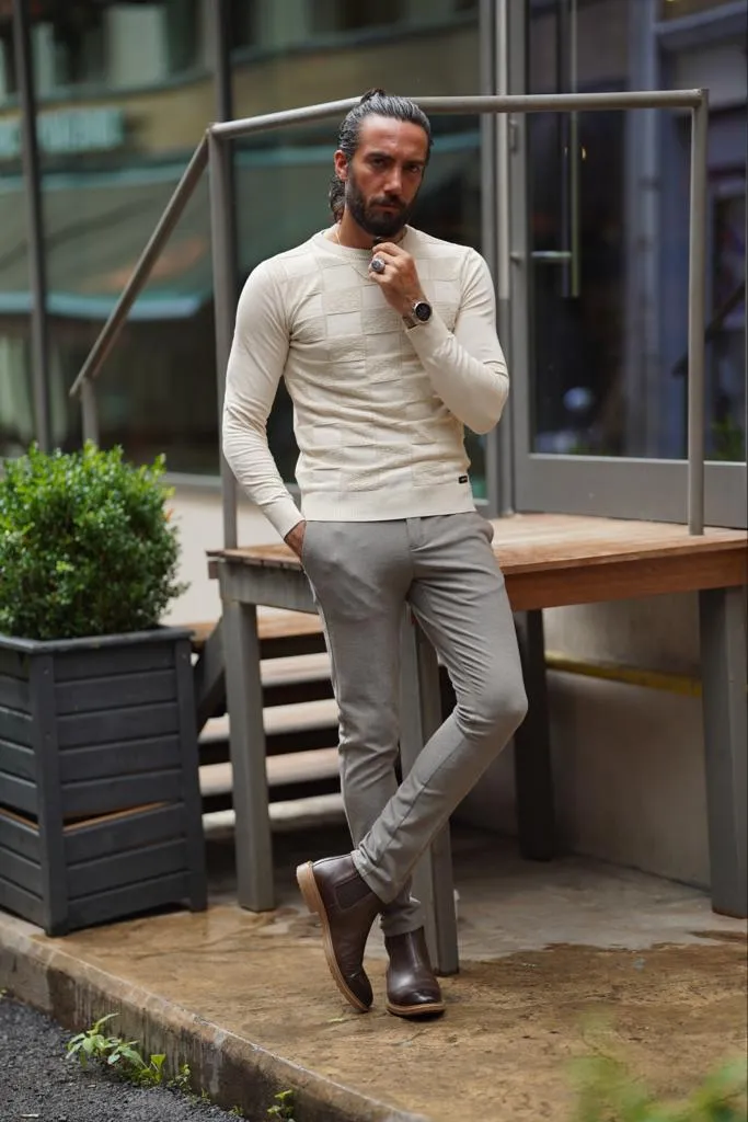 Thread Slim Fit Custom Design Round Neck Beige Sweaters