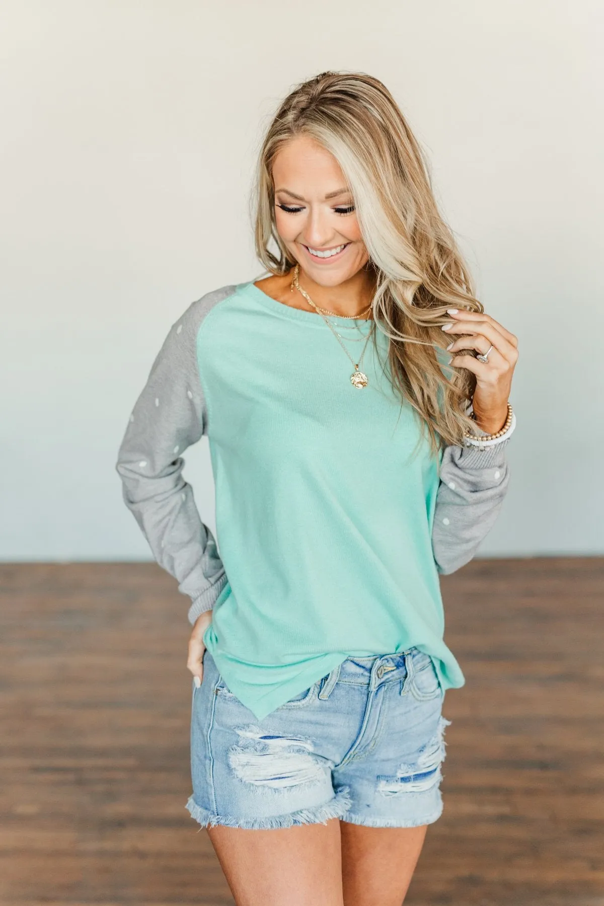 Warm Wishes Lightweight Knit Sweater- Grey & Mint