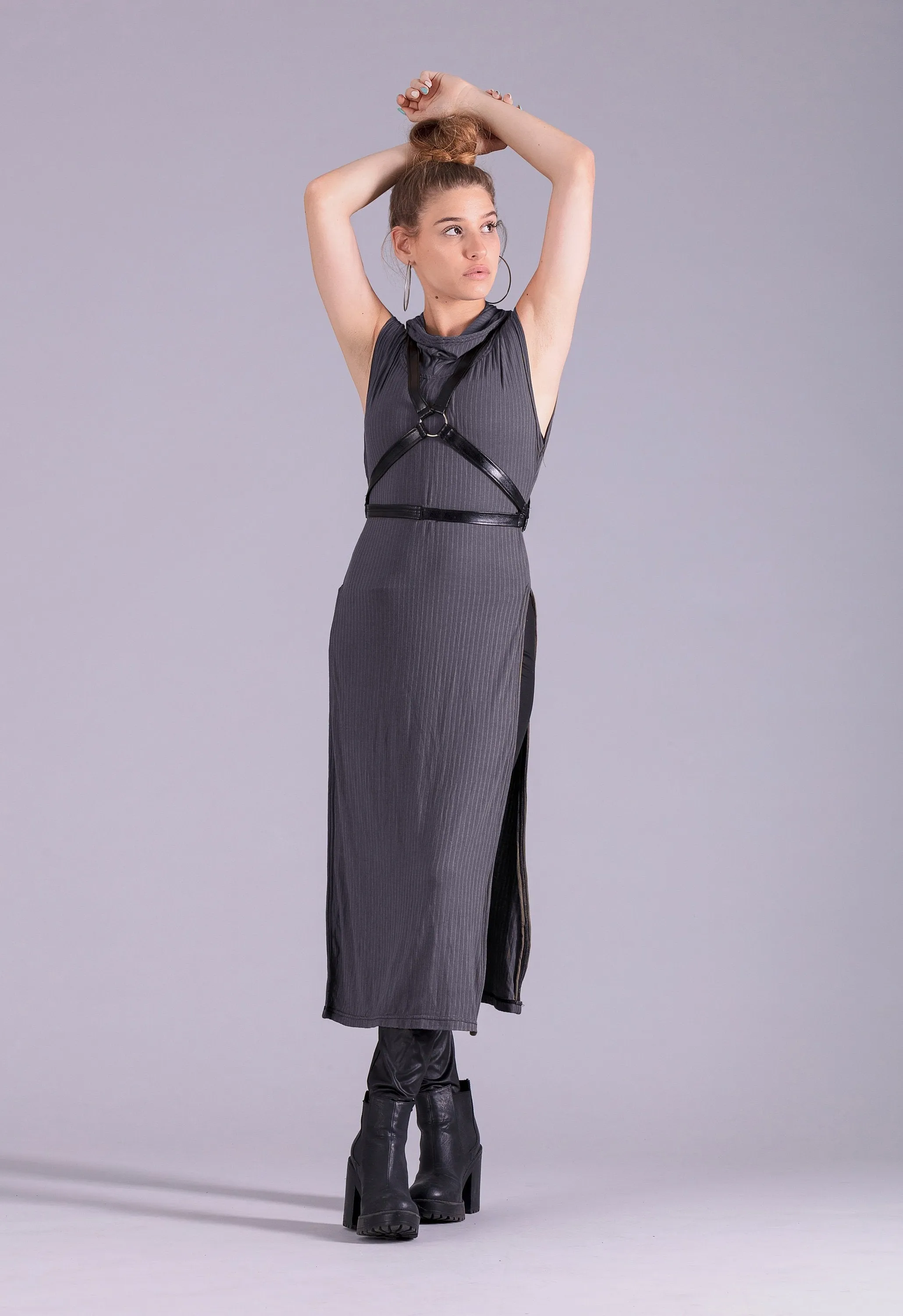 Warrior post apocalyptic hooded tunic dress | Charcoal Gray