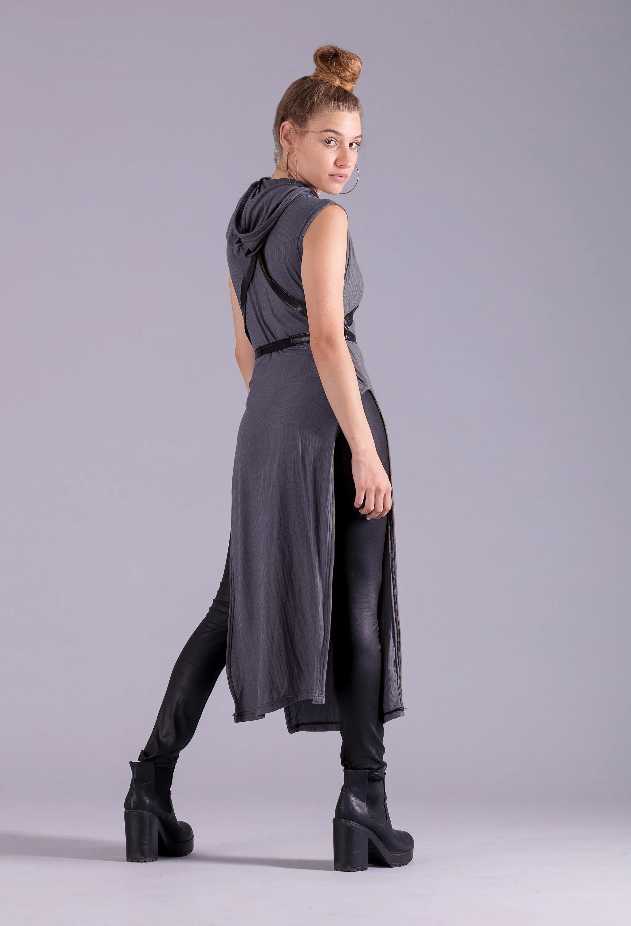 Warrior post apocalyptic hooded tunic dress | Charcoal Gray