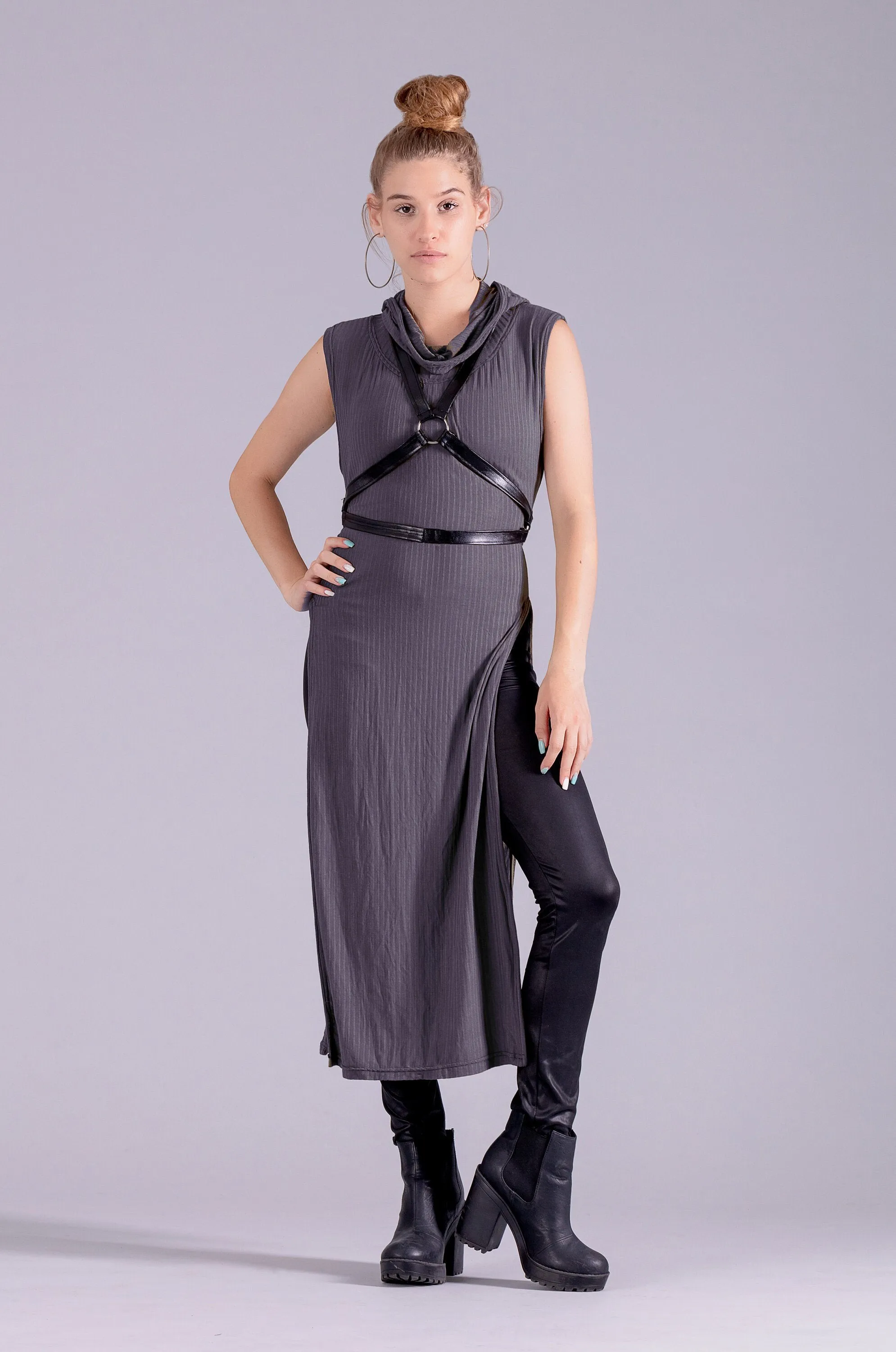 Warrior post apocalyptic hooded tunic dress | Charcoal Gray