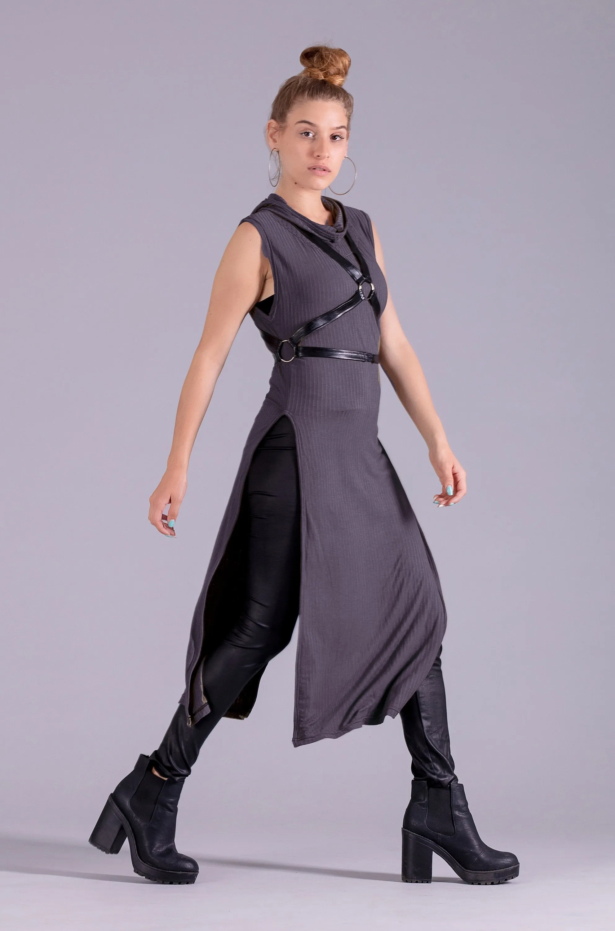 Warrior post apocalyptic hooded tunic dress | Charcoal Gray