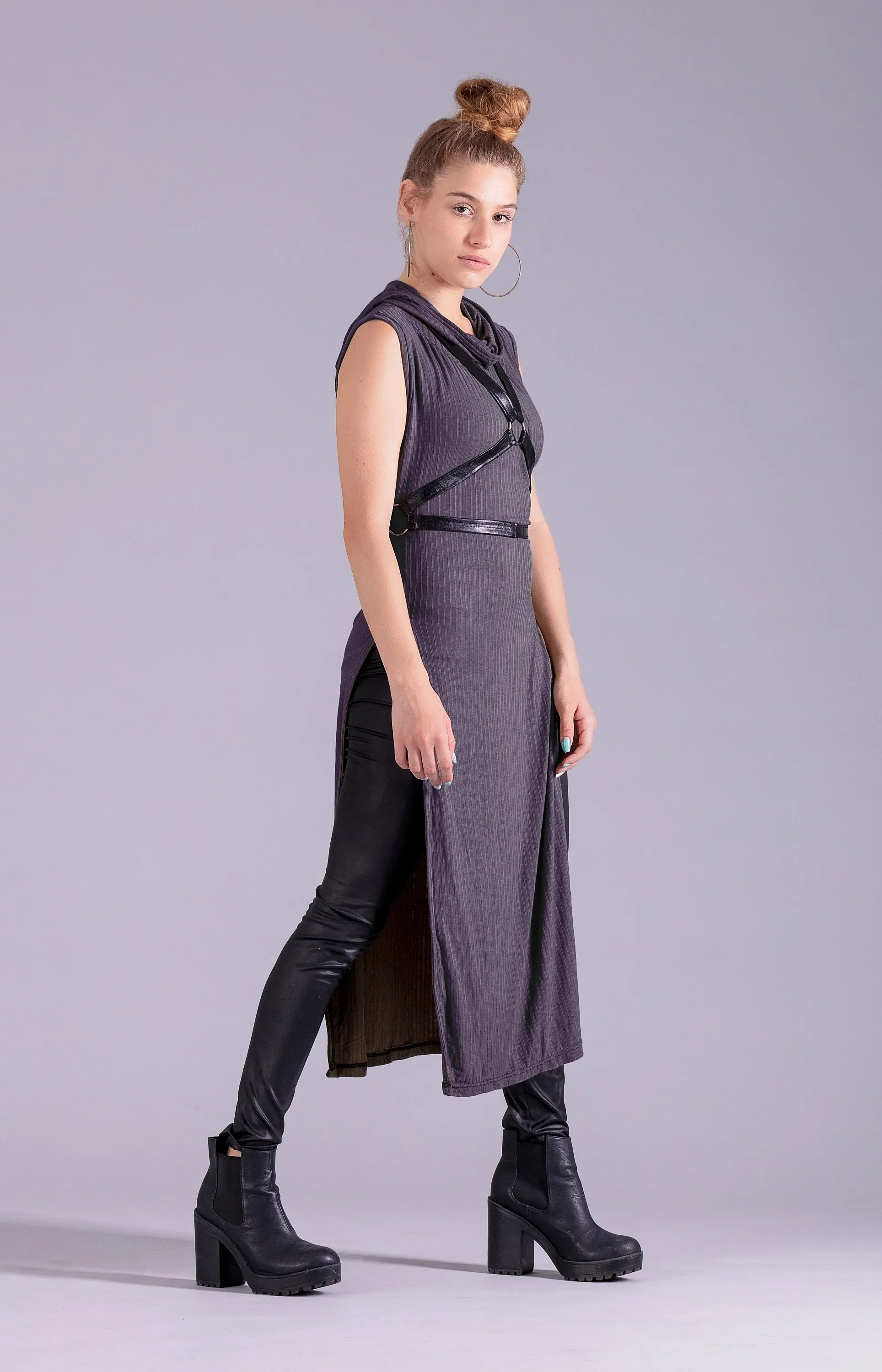 Warrior post apocalyptic hooded tunic dress | Charcoal Gray