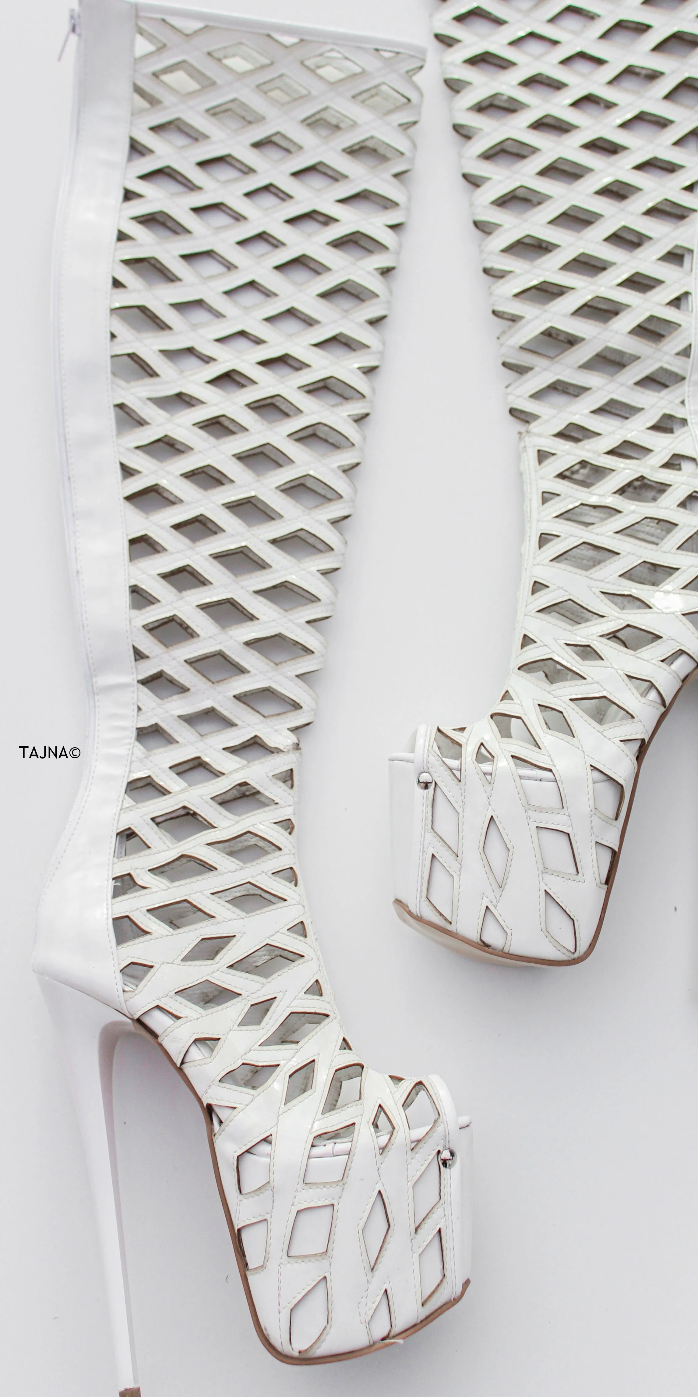 White Laser Cut Thigh High Boots