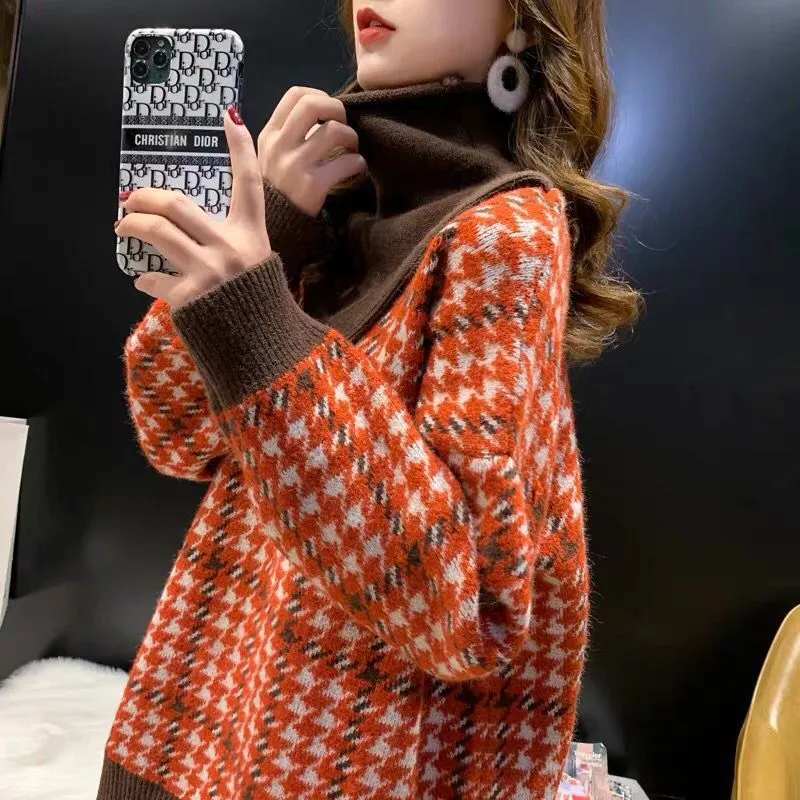 Women Fake Two High Neck Sweaters Houndstooth