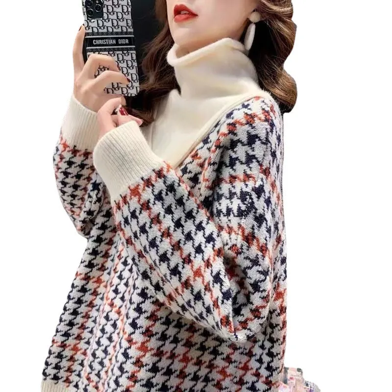 Women Fake Two High Neck Sweaters Houndstooth