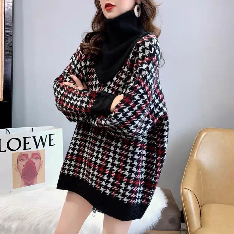 Women Fake Two High Neck Sweaters Houndstooth