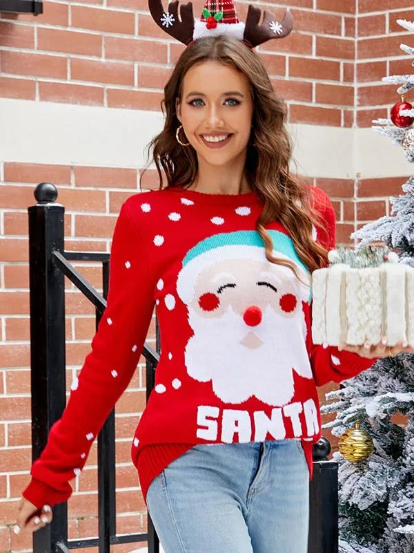 Women Pullover Christmas Pattern Round Neck Long Sleeves Sweaters