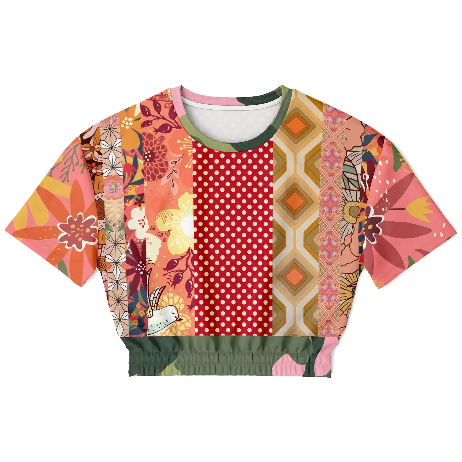 Yogananda Pink Floral Patchwork Short Sleeve Cropped Eco-Poly Sweater