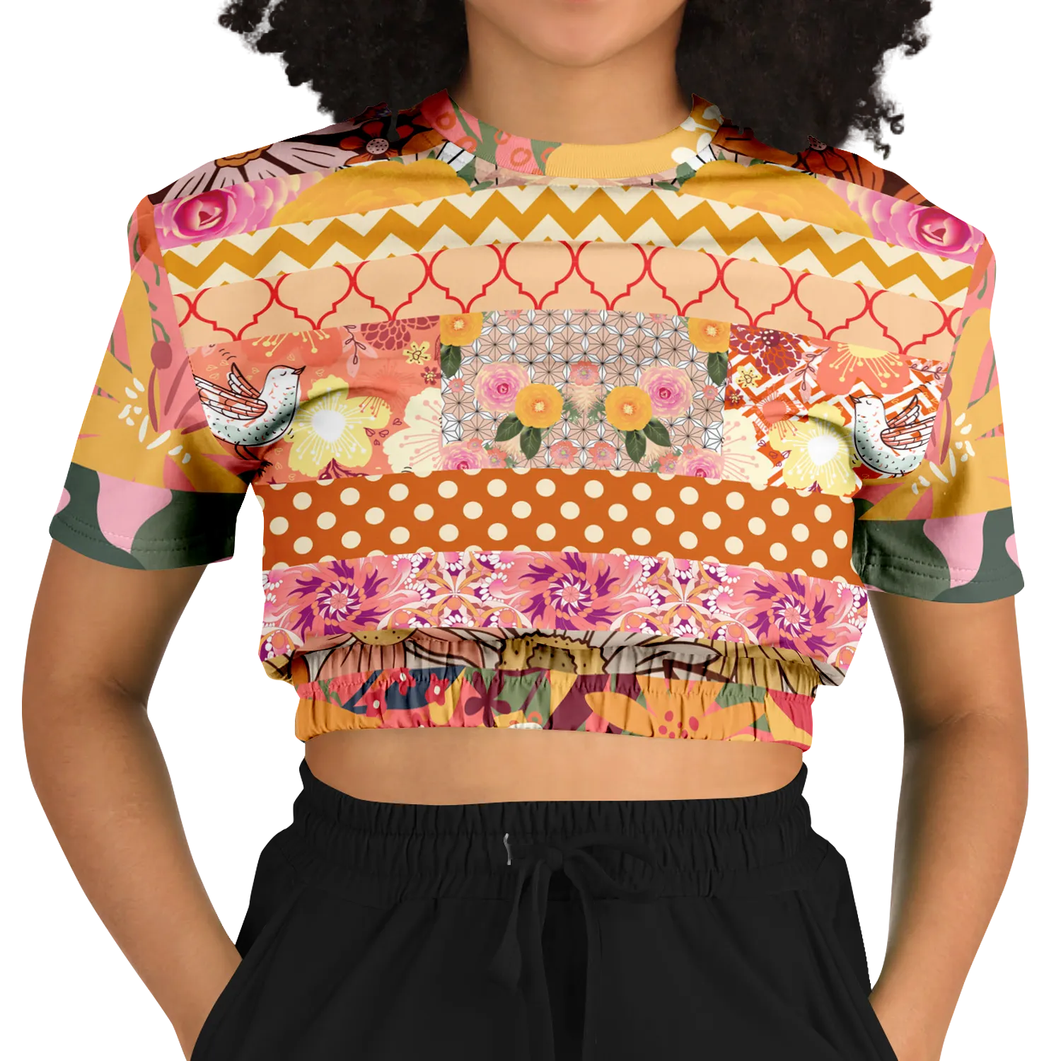 Yogananda Striped Floral Patchwork Short Sleeve Cropped Eco-Poly Sweater