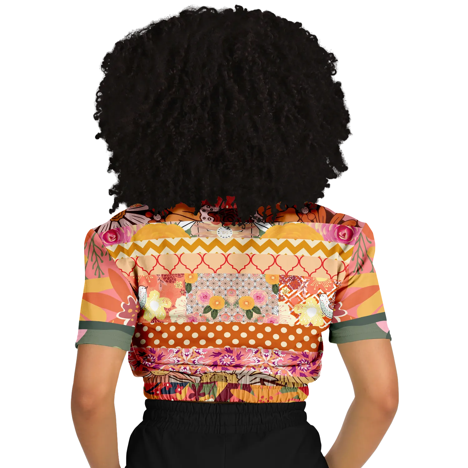 Yogananda Striped Floral Patchwork Short Sleeve Cropped Eco-Poly Sweater