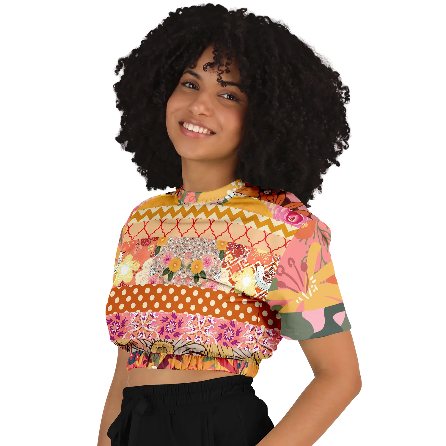 Yogananda Striped Floral Patchwork Short Sleeve Cropped Eco-Poly Sweater