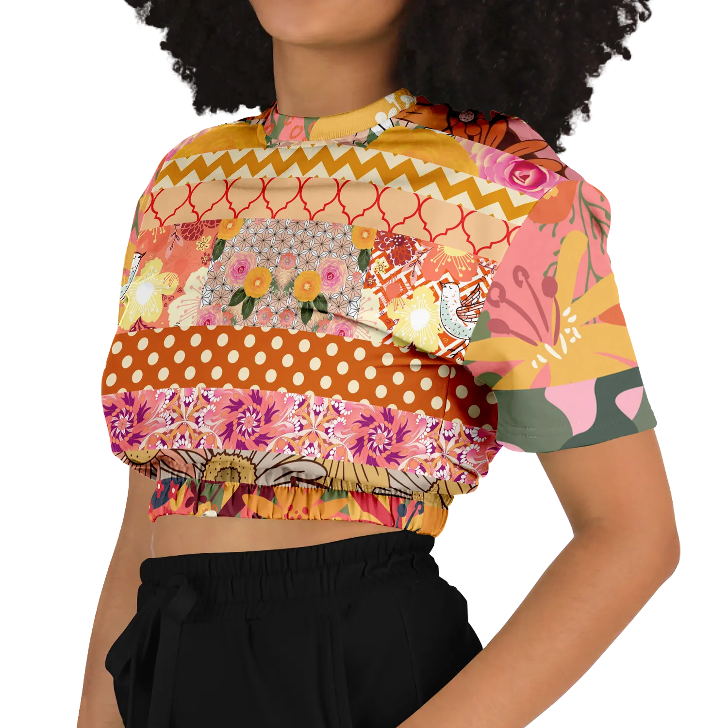 Yogananda Striped Floral Patchwork Short Sleeve Cropped Eco-Poly Sweater