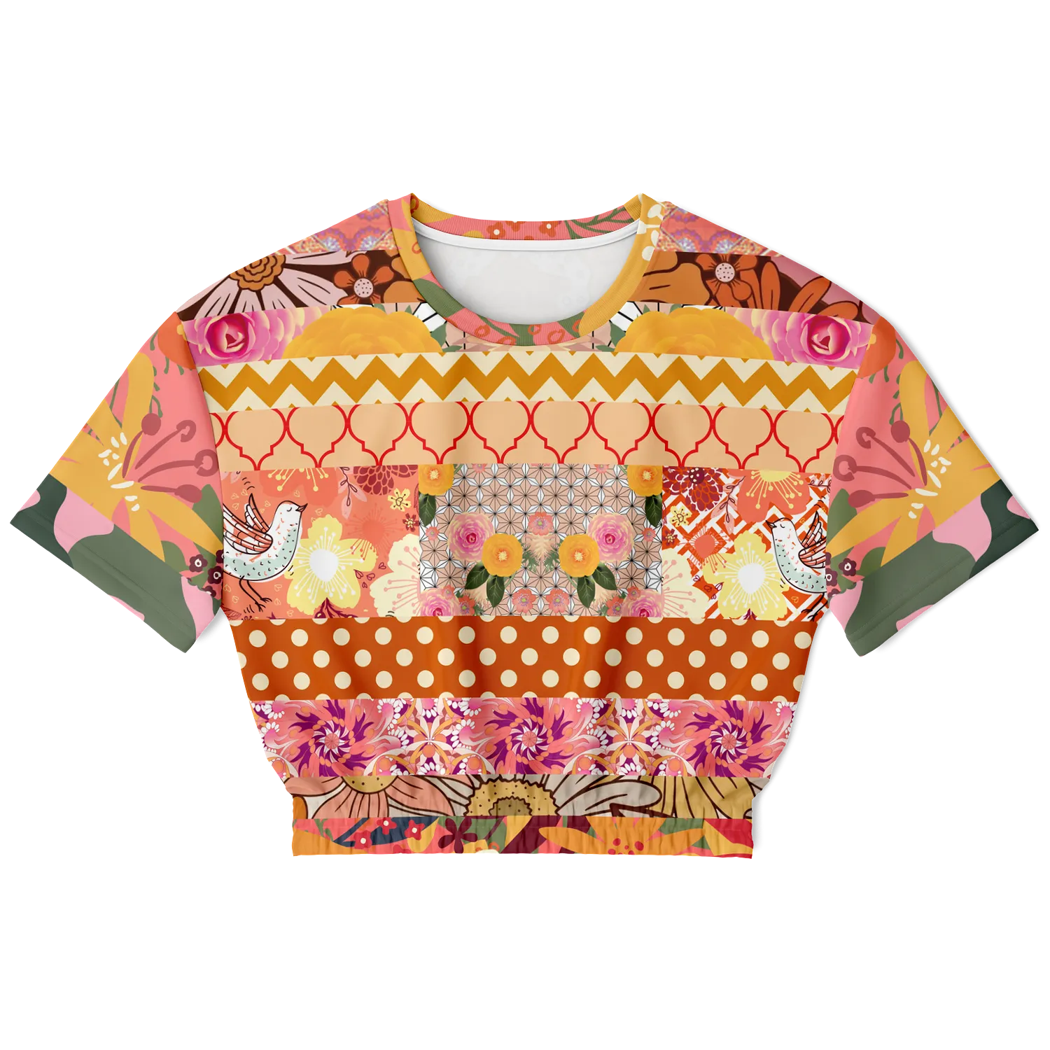 Yogananda Striped Floral Patchwork Short Sleeve Cropped Eco-Poly Sweater