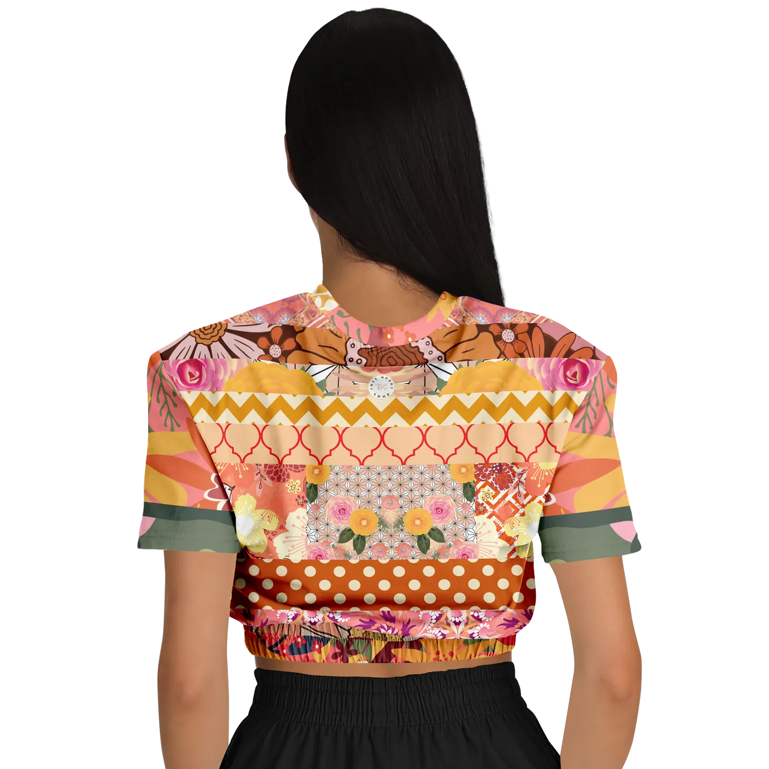 Yogananda Striped Floral Patchwork Short Sleeve Cropped Eco-Poly Sweater