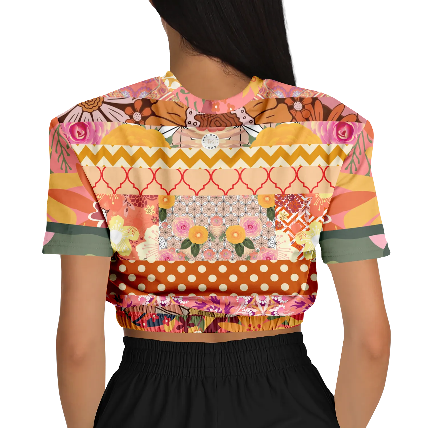 Yogananda Striped Floral Patchwork Short Sleeve Cropped Eco-Poly Sweater