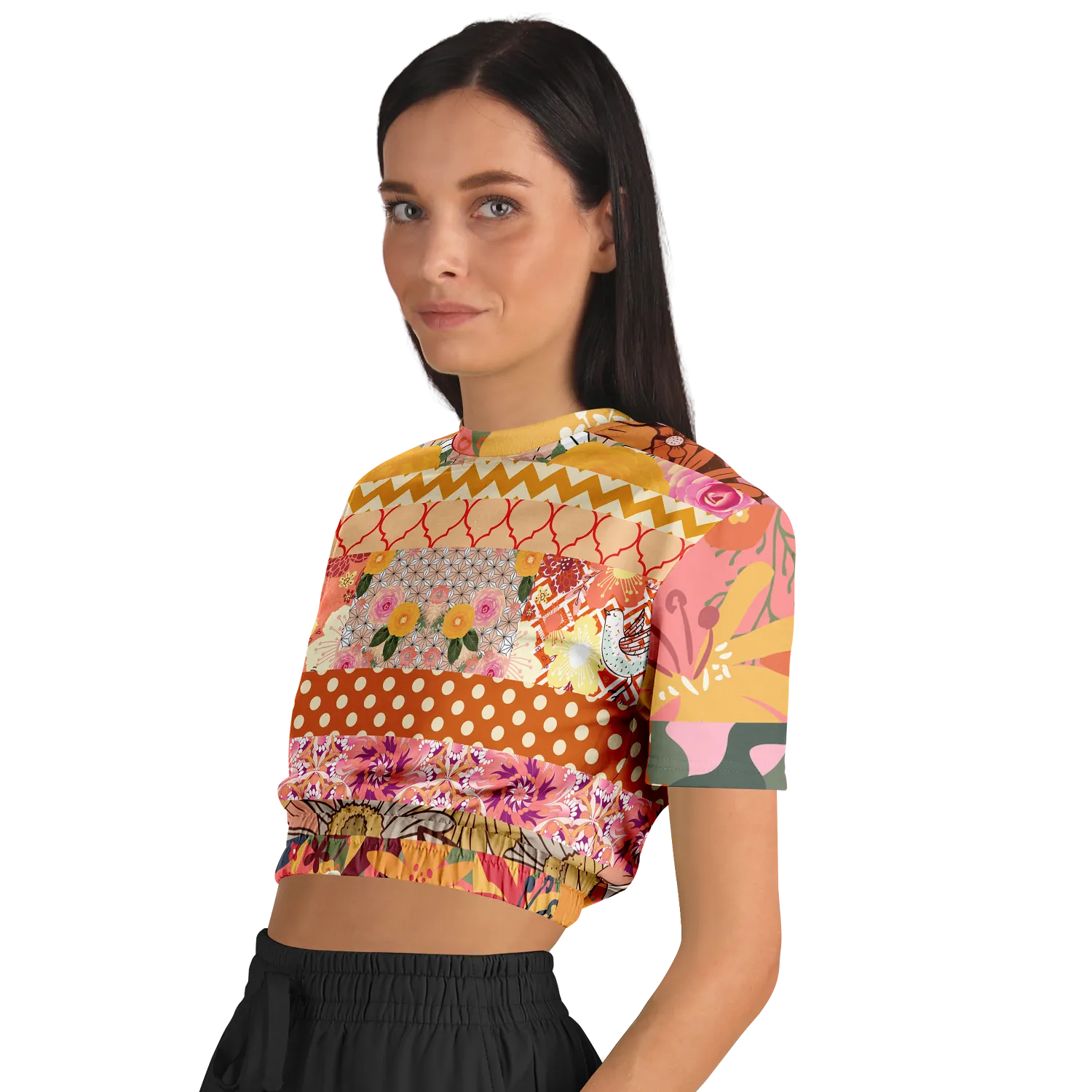 Yogananda Striped Floral Patchwork Short Sleeve Cropped Eco-Poly Sweater