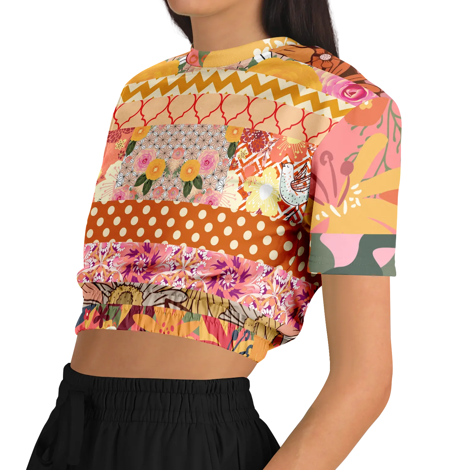 Yogananda Striped Floral Patchwork Short Sleeve Cropped Eco-Poly Sweater