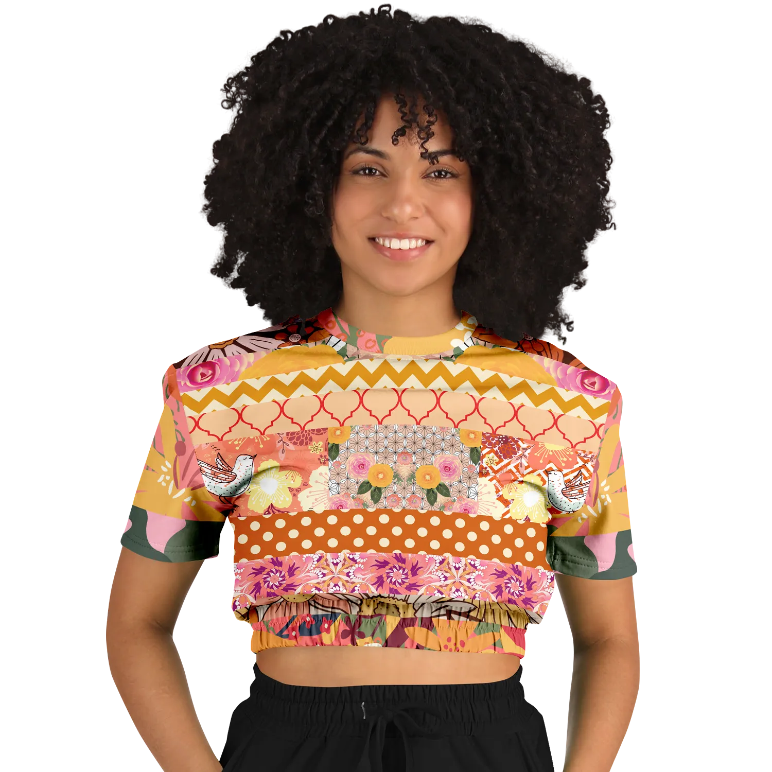 Yogananda Striped Floral Patchwork Short Sleeve Cropped Eco-Poly Sweater